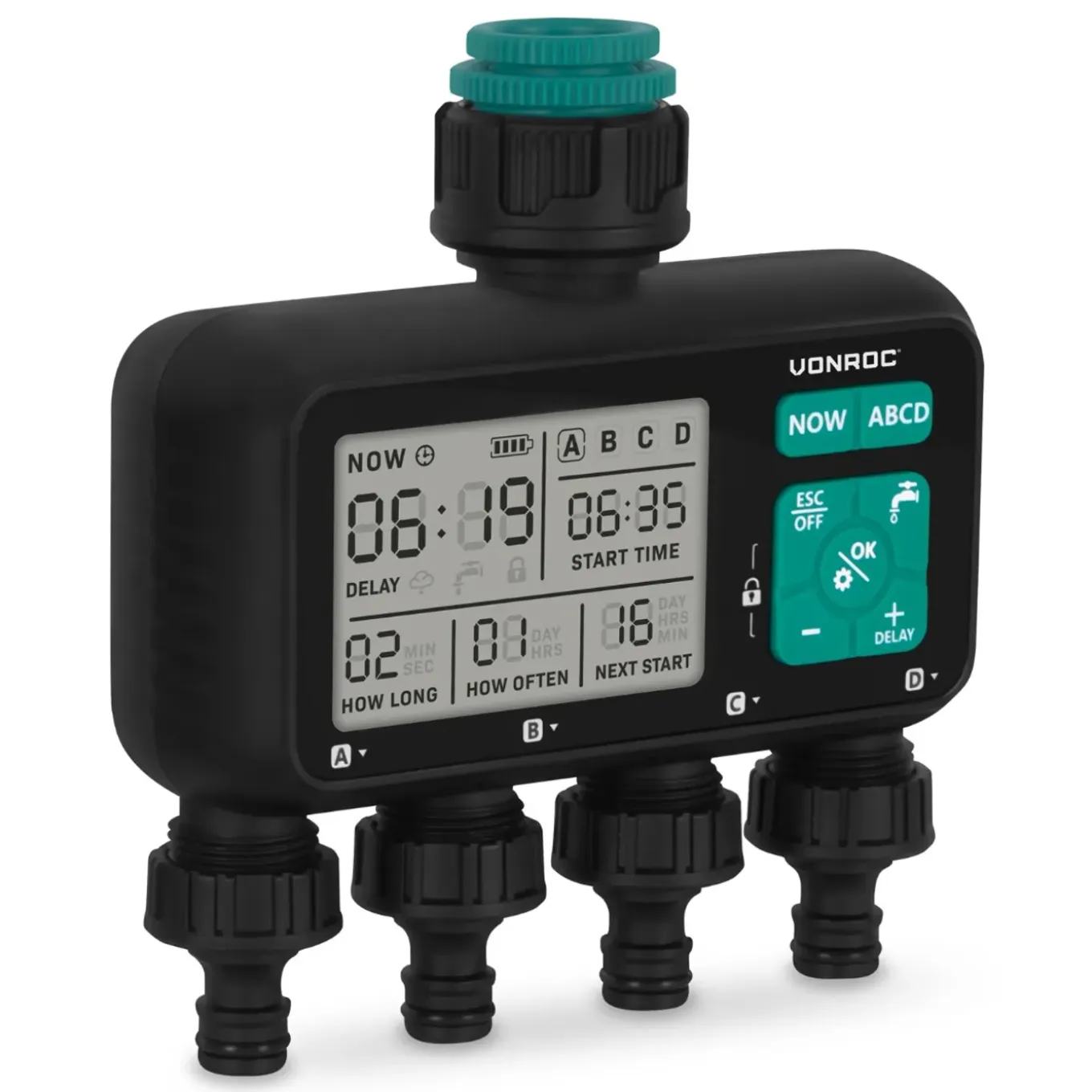 Vonroc 4-weg Watertimer – Besproeiingscomputer Voor 4 Zones – Instelbare Tijd -frequentie Per Zone