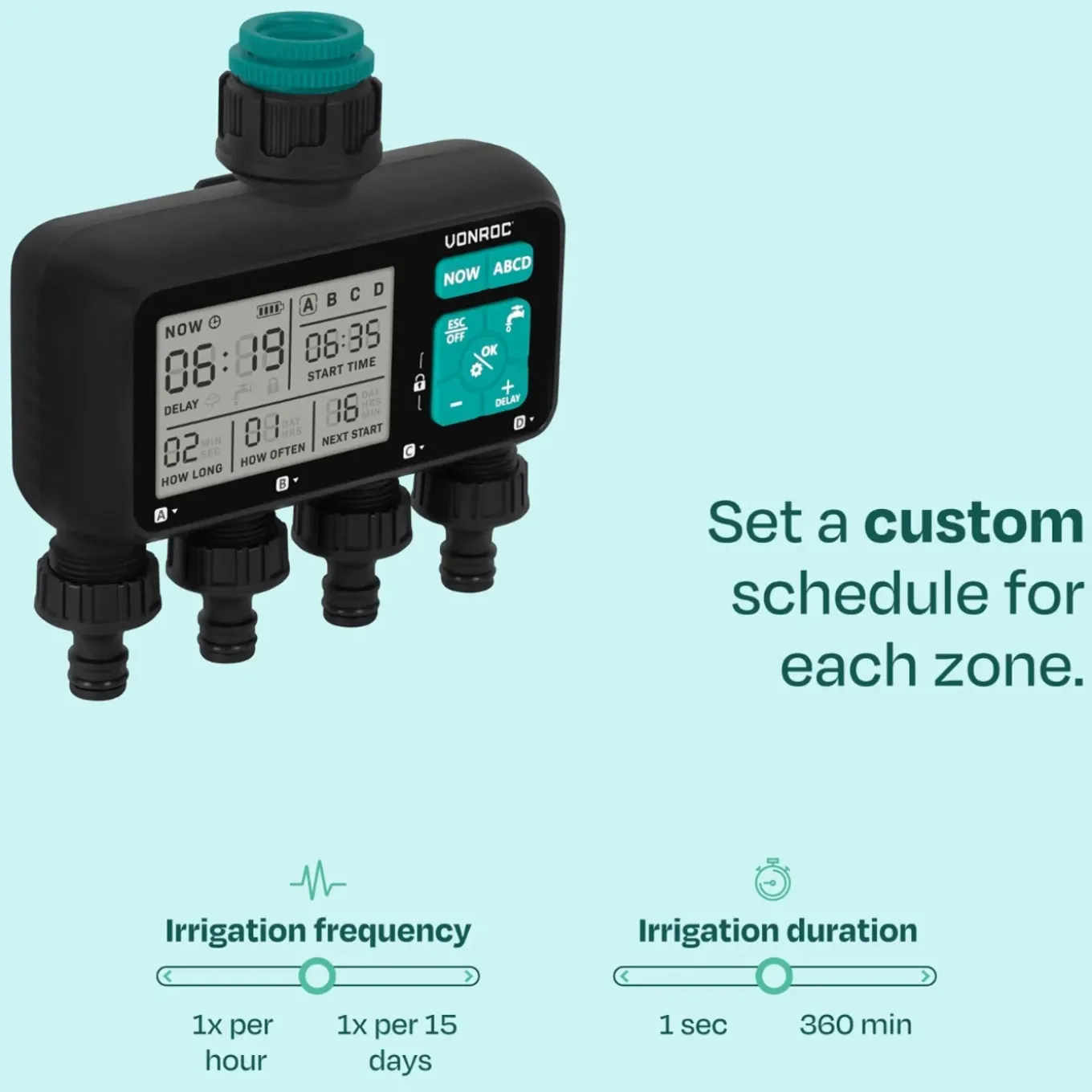 Vonroc 4-weg Watertimer – Besproeiingscomputer Voor 4 Zones – Instelbare Tijd -frequentie Per Zone