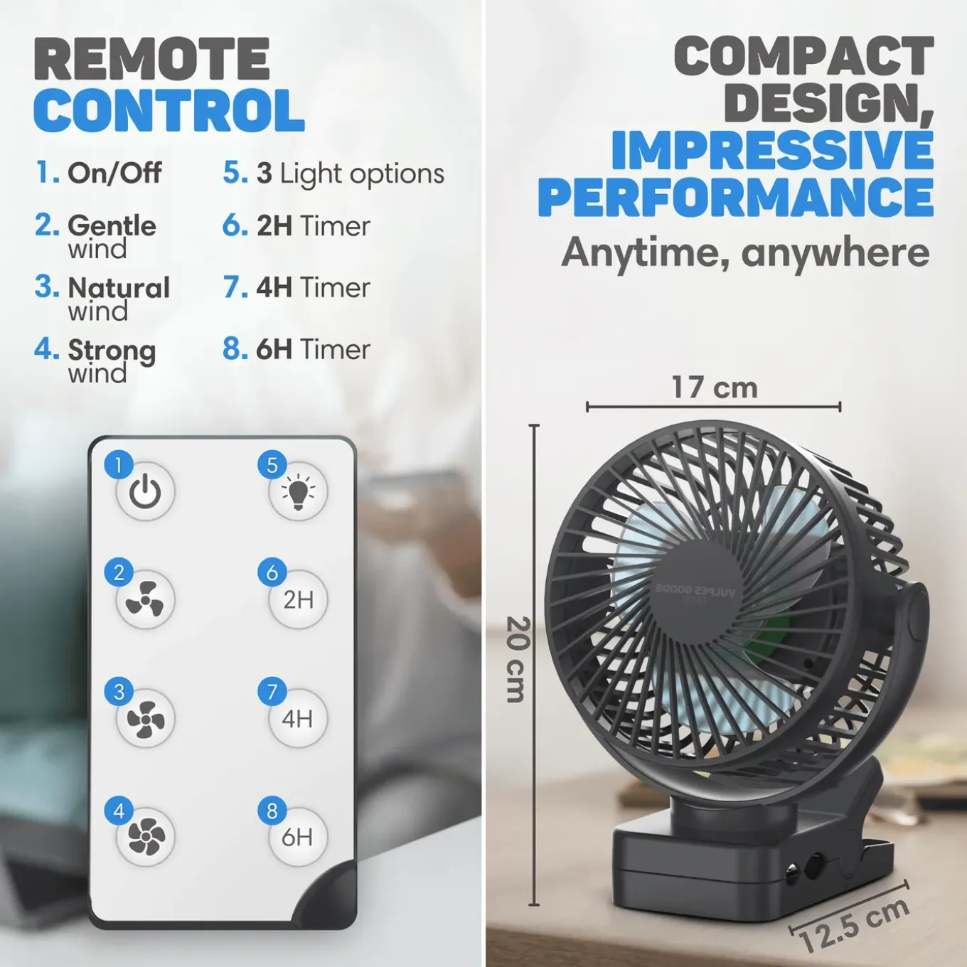 Vulpes Goods Ventilator - Tafelventilator - Fluisterstil - Oplaadbaar - Timer - Afstandsbediening