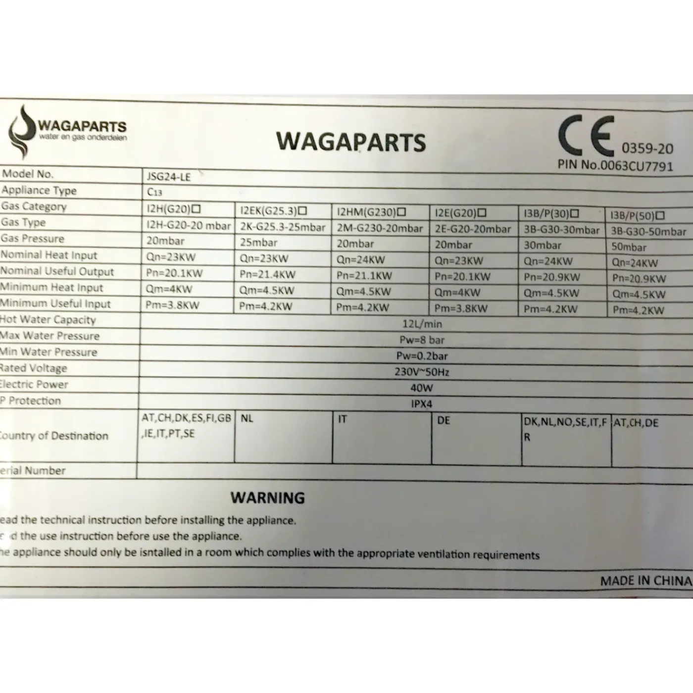 Wagaparts Jsg24-lec Modulerende Geiser 12 Liter Geheel Gesloten Systeem Aardgas