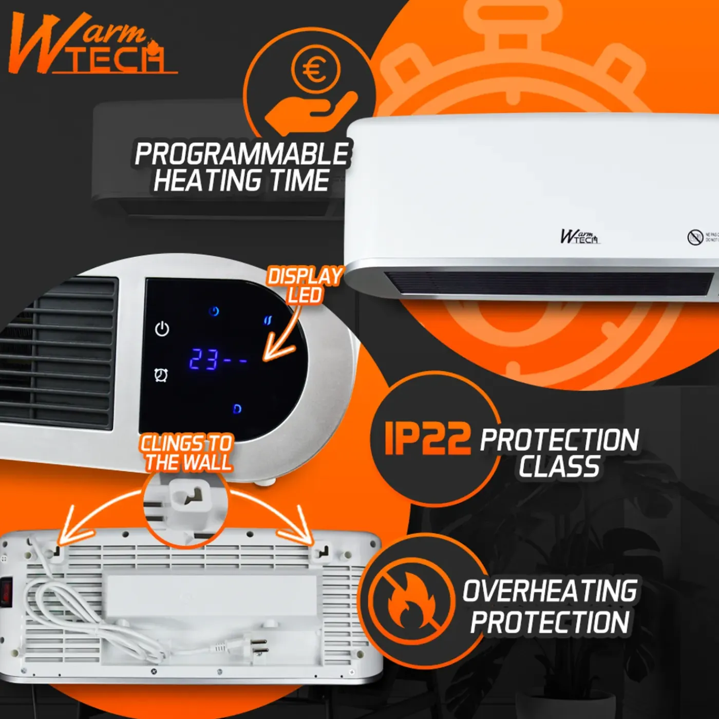WARM TECH Muurverwarming 2000w Keramiek 240v Tot 50m3 Wit