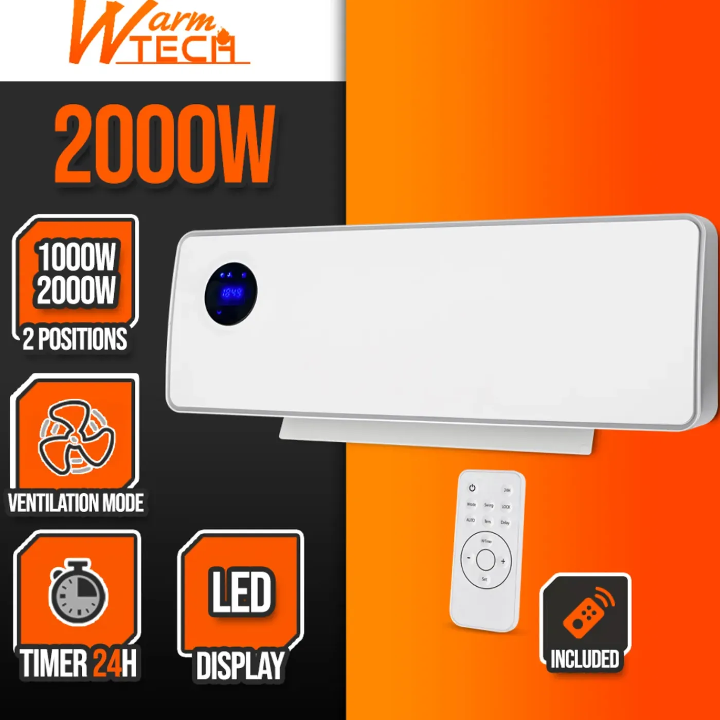 WARM TECH - - Oscillerende Keramische Wandradiator 2000w