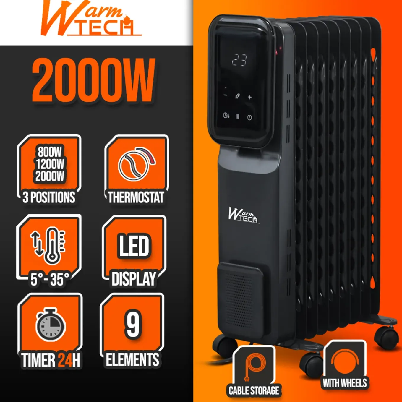 Warm Tech - 2000w 9-element Oliebadverwarming Met Led-scherm - Warm Tech
