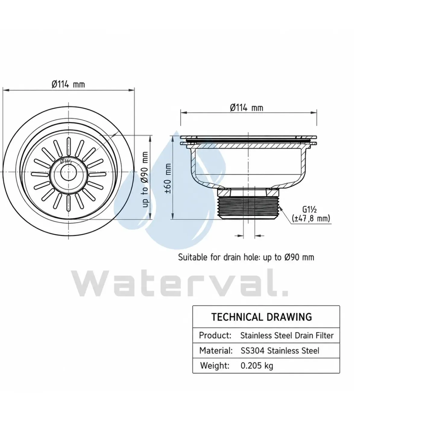 Waterval Korfplugset 114 Mm Zonder Overloop - G1½ Ss304 - Geborsteld - Gunmetal Grey