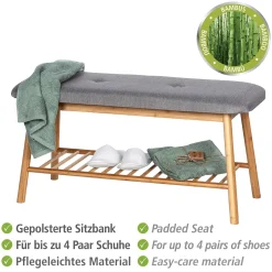 Wenko schoenenbank Bahari met zitkussen bamboe/grijs 90x45x34cm