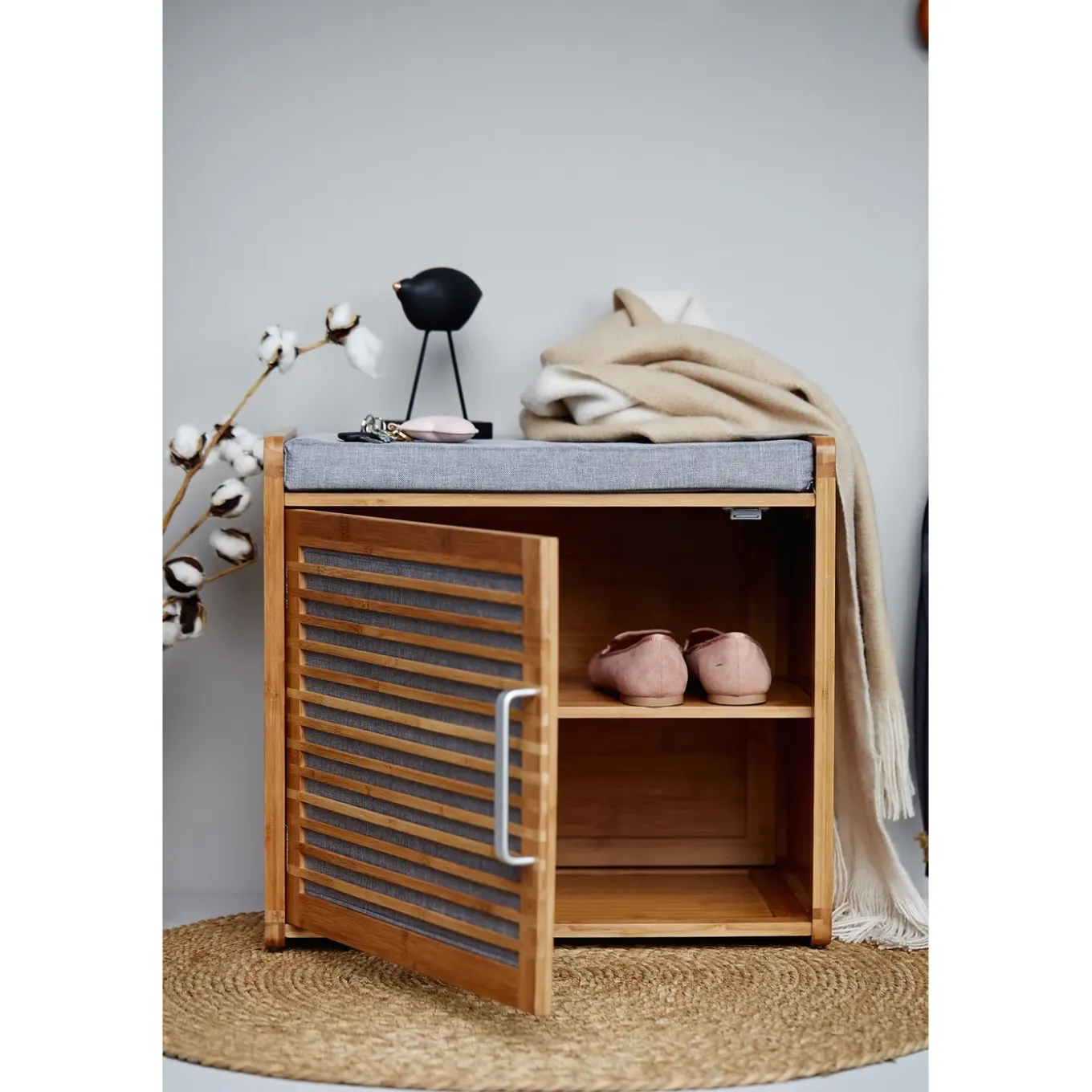 Wenko schoenenkast Bahari met zitkussen bamboe/grijs 50x45x33cm