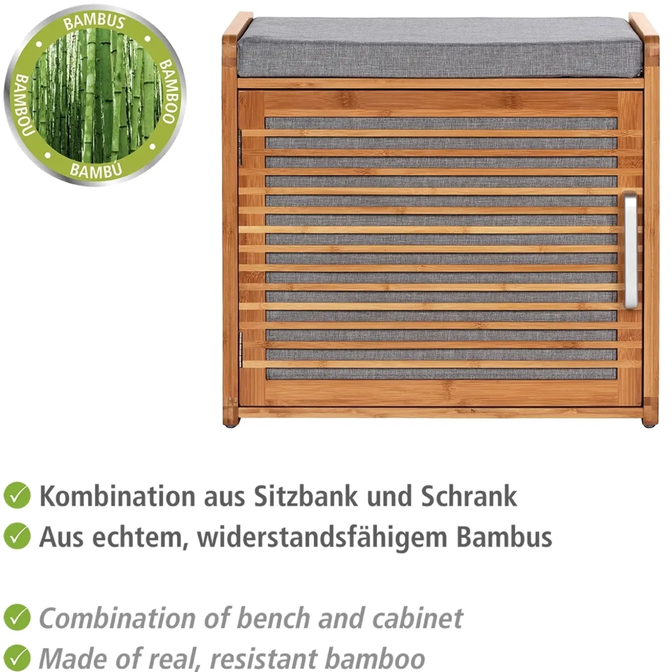 Wenko schoenenkast Bahari met zitkussen bamboe/grijs 50x45x33cm