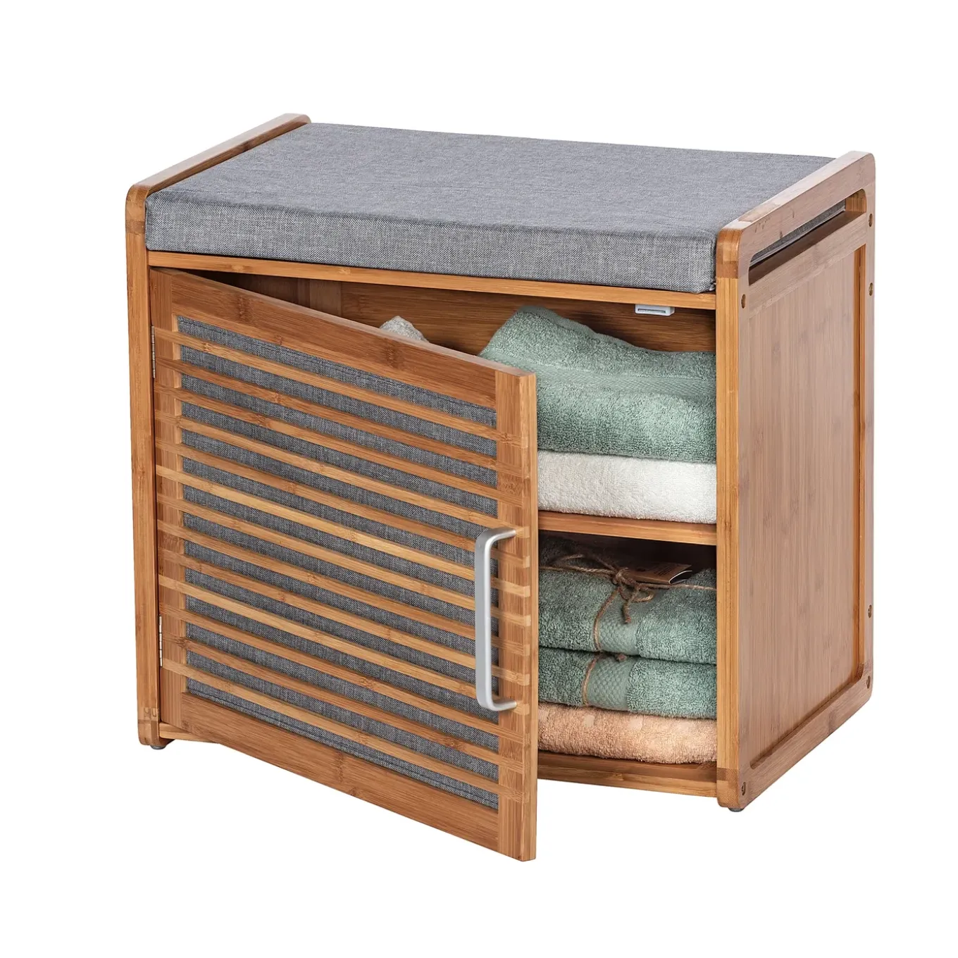 Wenko schoenenkast Bahari met zitkussen bamboe/grijs 50x45x33cm