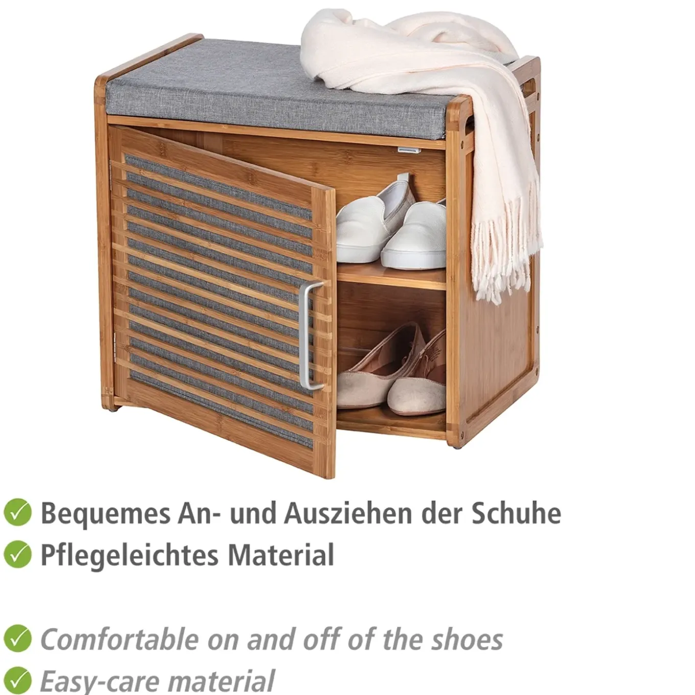 Wenko schoenenkast Bahari met zitkussen bamboe/grijs 50x45x33cm