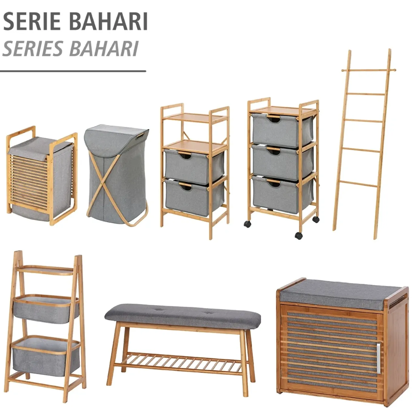 Wenko schoenenkast Bahari met zitkussen bamboe/grijs 50x45x33cm