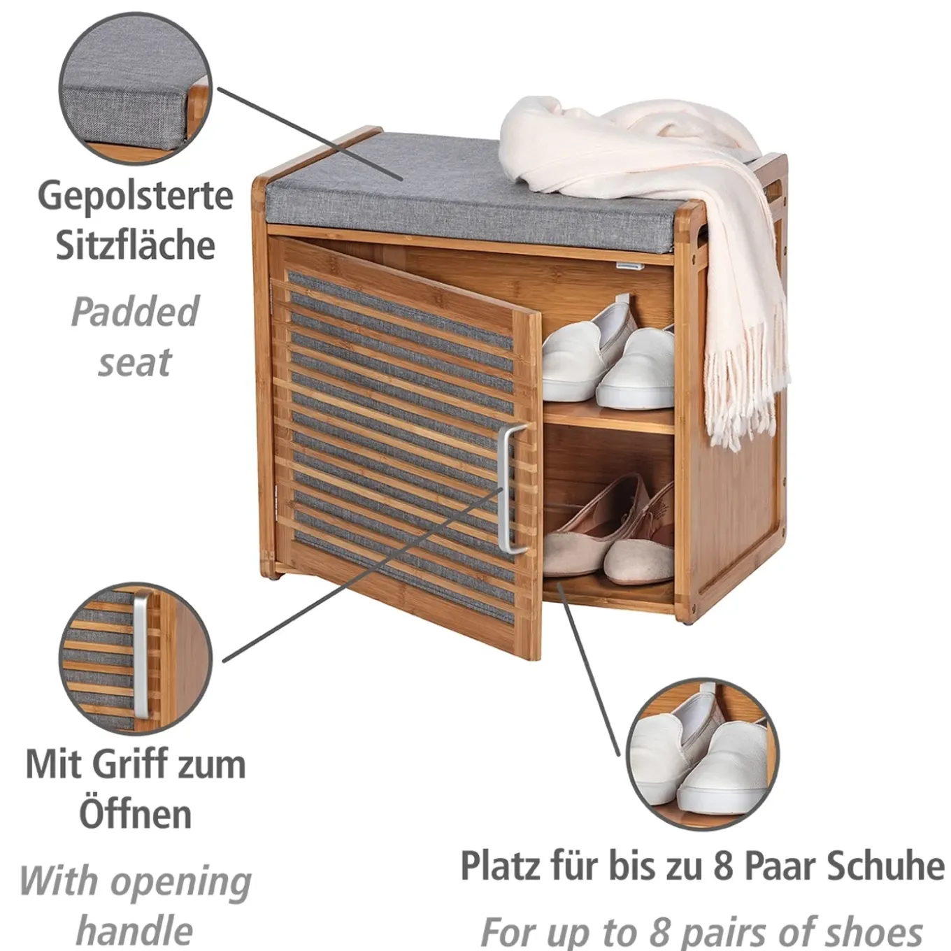 Wenko schoenenkast Bahari met zitkussen bamboe/grijs 50x45x33cm