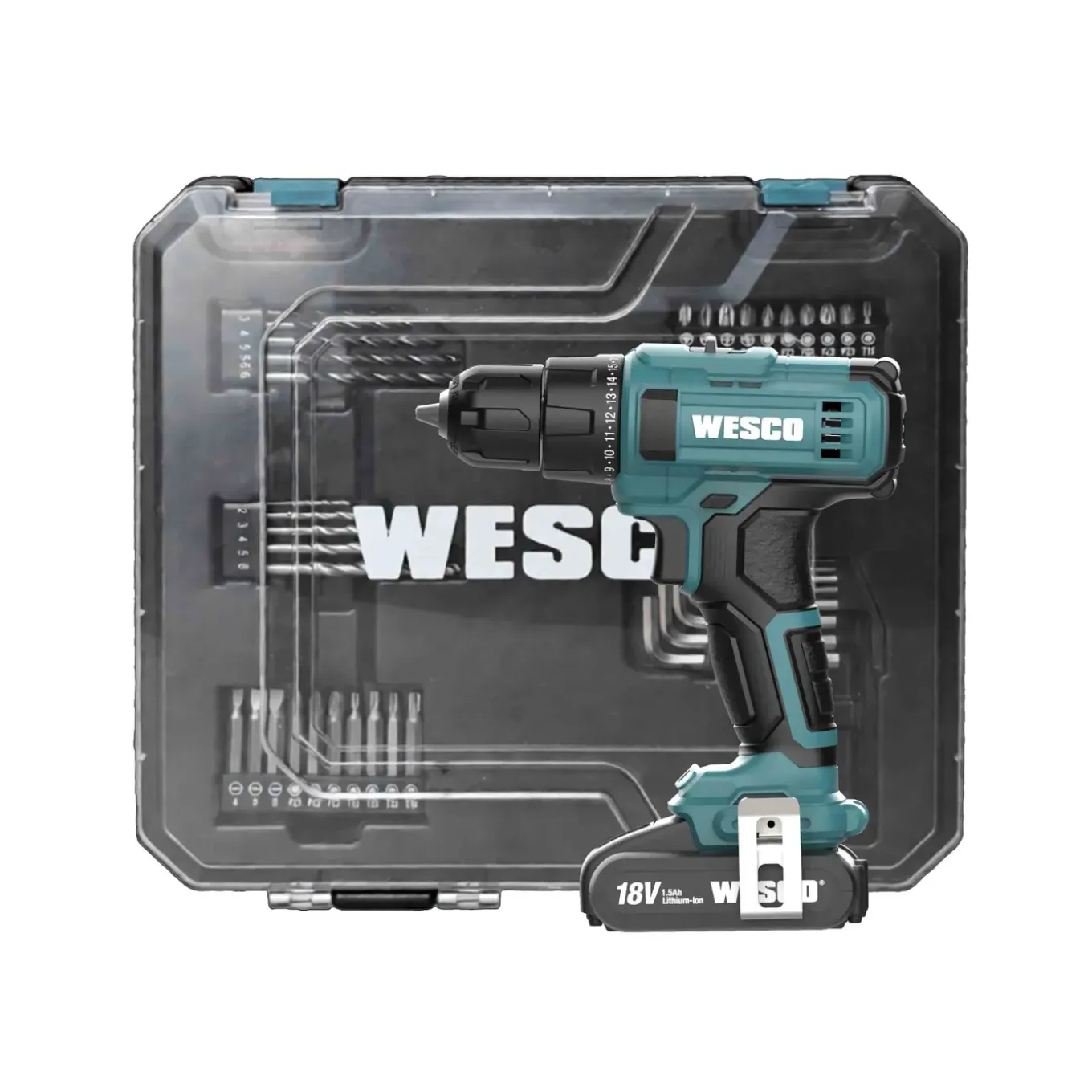 WESCO accuboormachine/schroefmachine – 18 V – set met 50 accessoires – 2 lithium-ion batterijen – snellader – stevige koffer – complete doe-het-zelf kit