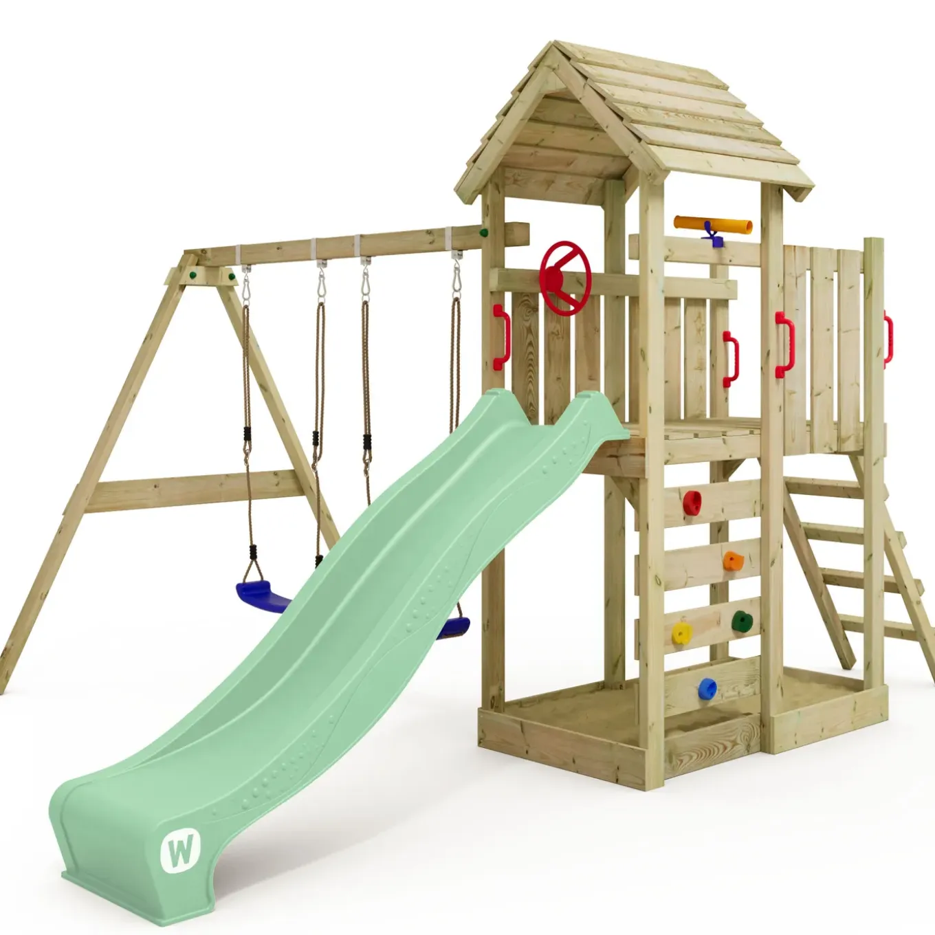 Wickey Speeltoestel Multiflyer Met Houten Dak, Schommel & Pastelgroene Glijbaan