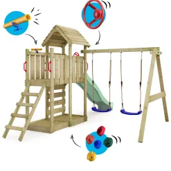 Wickey Speeltoestel Multiflyer Met Houten Dak, Schommel & Pastelgroene Glijbaan