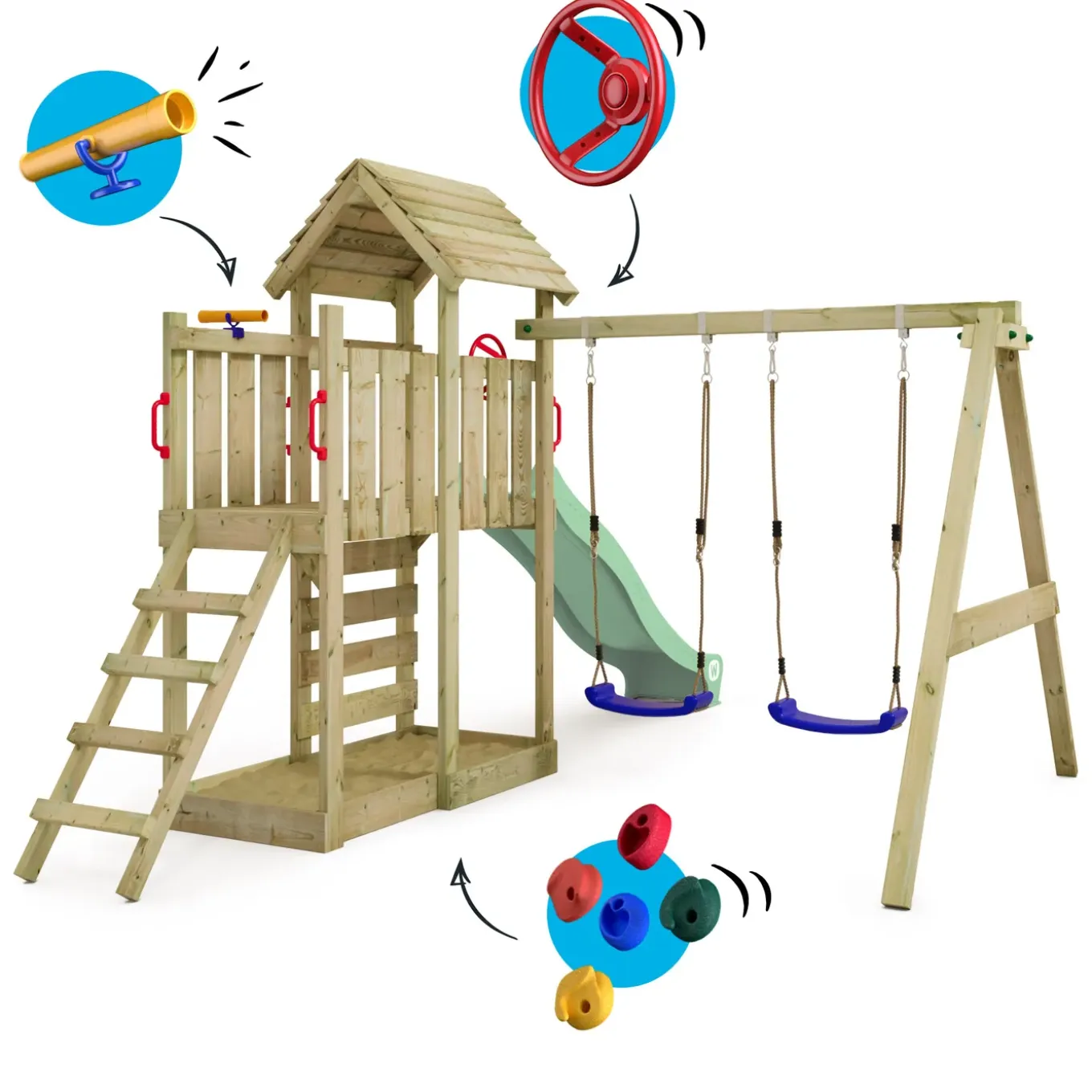 Wickey Speeltoestel Multiflyer Met Houten Dak, Schommel & Pastelgroene Glijbaan