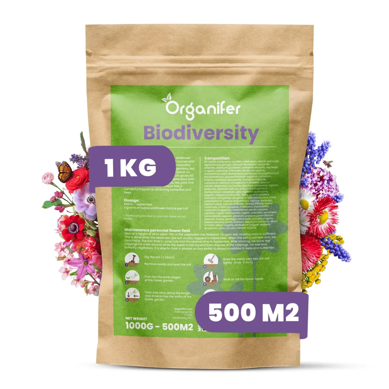 Wildbloemenmengsel - Biodiversity - 62 Soorten - 1 Kg Voor 500 M2 - Organifer
