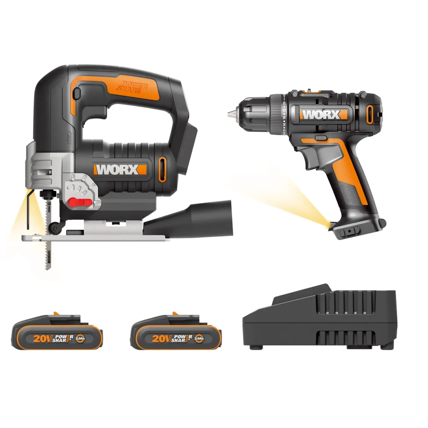WORX snoerloze gereedschapsset 20V - boor/schroefmachine 30Nm - decoupeerzaag - POWERSHARE accu 20V - 10mm boorkop