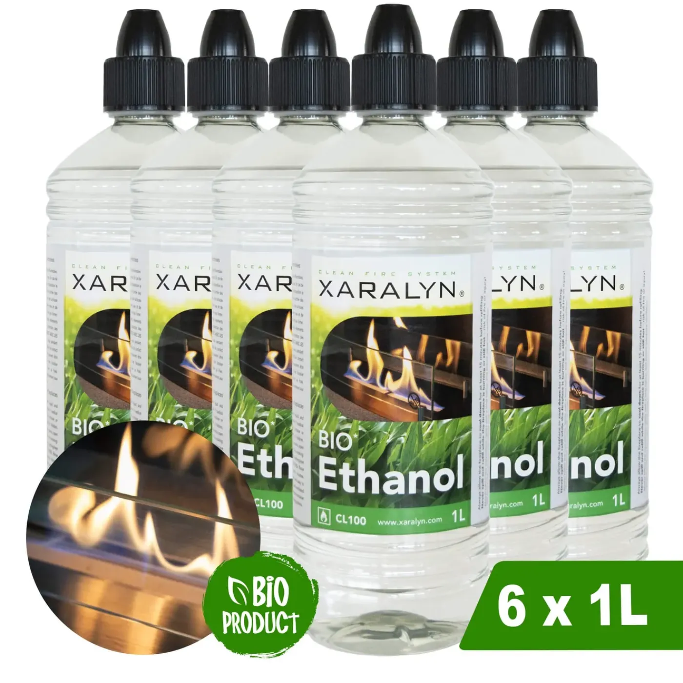 Xaralyn Bio-ethanol Cl100 (6 X 1 Liter) - 100% Zuivere Bio Ethanol - Mooie Gele Vlam - Zonder Toegev