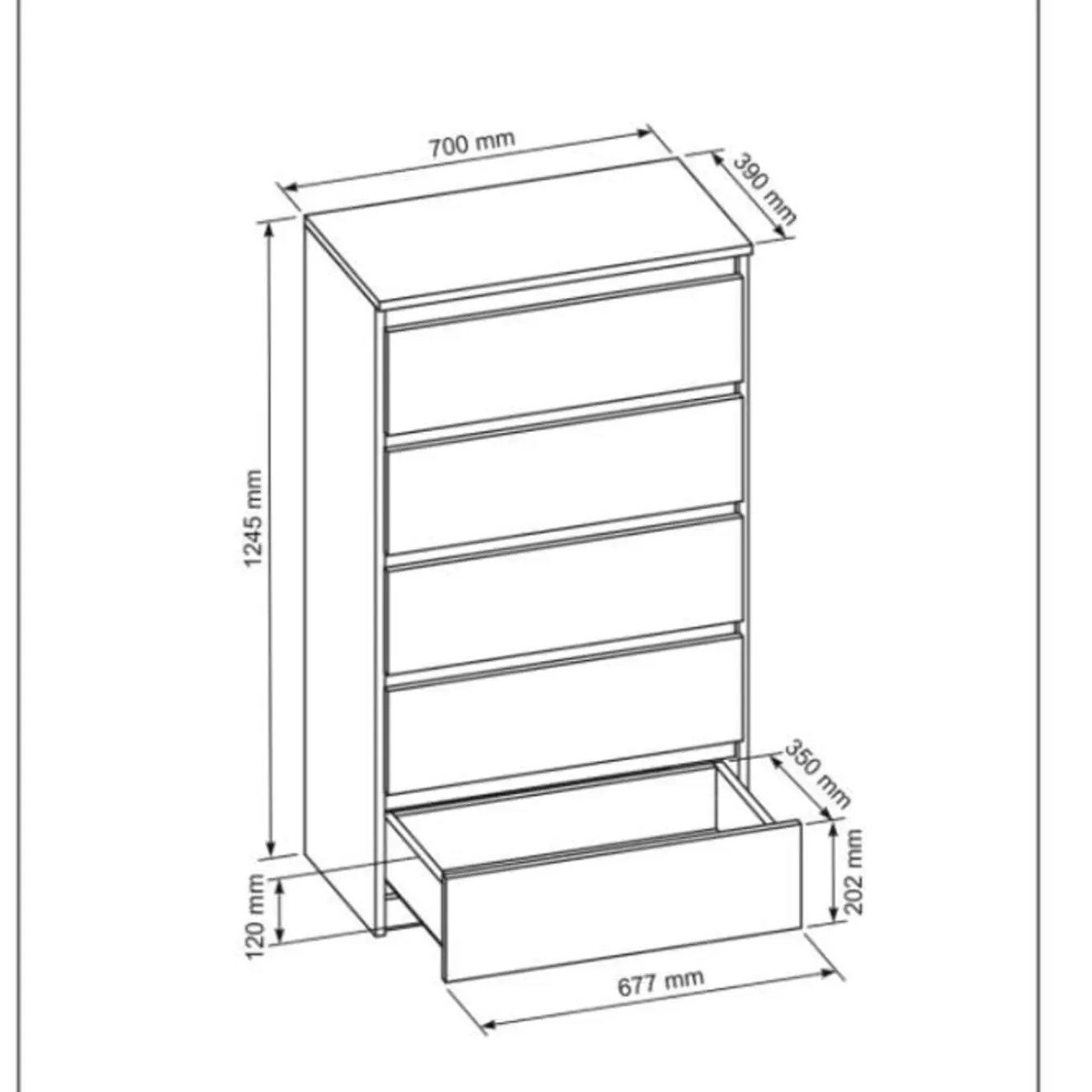 3xe Living Demii 5 Lade Stijlvolle & Ruime Ladekast 70cm, Mat Zwart / Glanzend Zwart