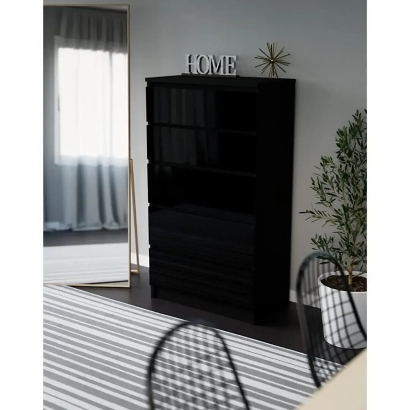 3xe Living Demii 5 Lade Stijlvolle & Ruime Ladekast 70cm, Mat Zwart / Glanzend Zwart